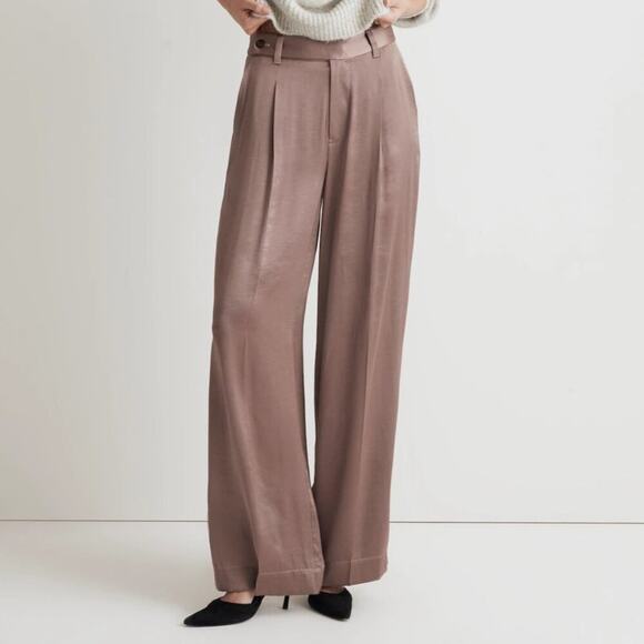 Madewell The Harlow High Rise Wide-Leg Pant in Satin Size 12P Petite Ice Mocha - Picture 1 of 15